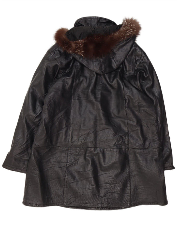 VINTAGE Womens Oversized Hooded Leather Coat IT 48 XL Black Leather