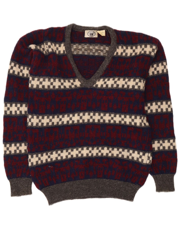 Maglione vintage da uomo con scollo a V in lana geometrica multicolore media