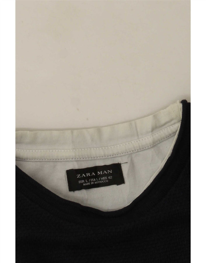 Zara Mens T-Shirt Top Large Navy Blue Colourblock