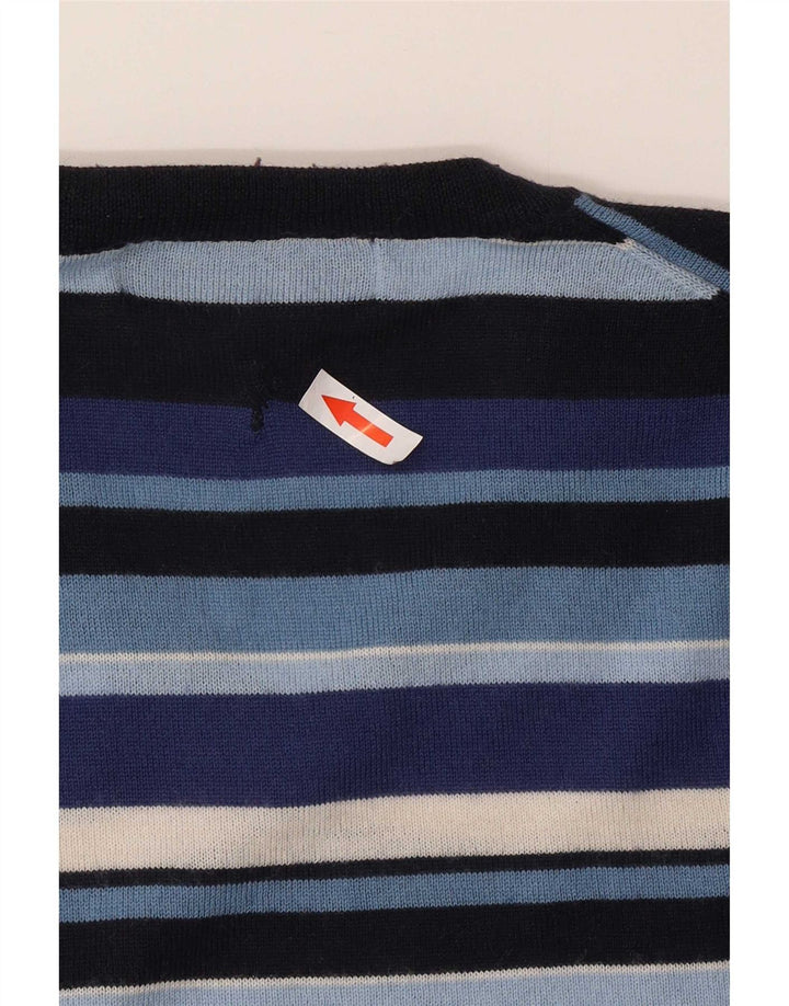 Rifle Mens V-Neck Jumper Sweater Medium Navy Blue Striped Wool