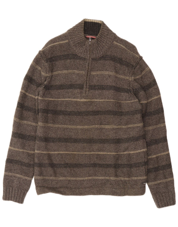 White Stuff Mens Zip Neck Jumper Sweater Large Grey Striped Lambswool
