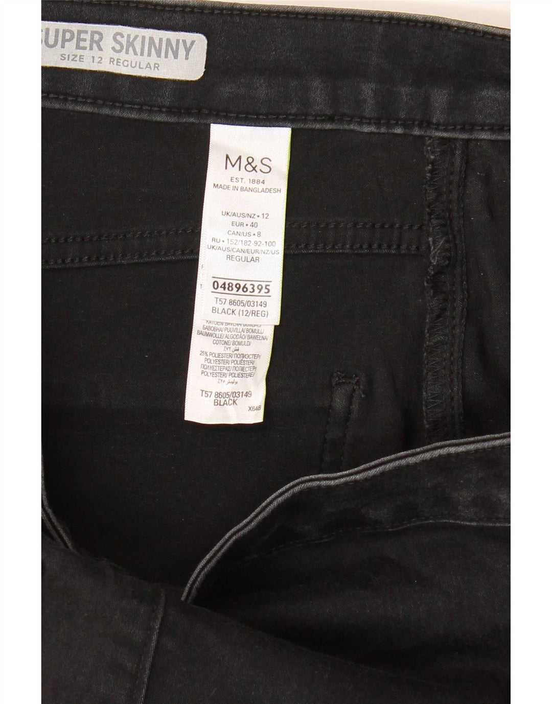 Marks & Spencer Womens Regular Skinny Jeans UK 12 Medium W28 L27 Black