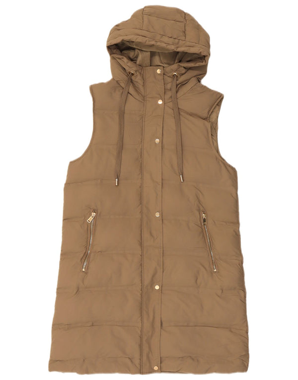 Zara Womens Longline Hooded Padded Gilet UK 10 Small Beige Polyester