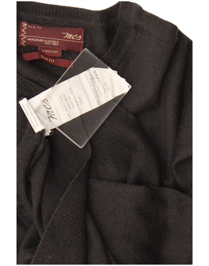Marlboro Classics Mens Slim Fit V-Neck Jumper Sweater Medium Black Wool