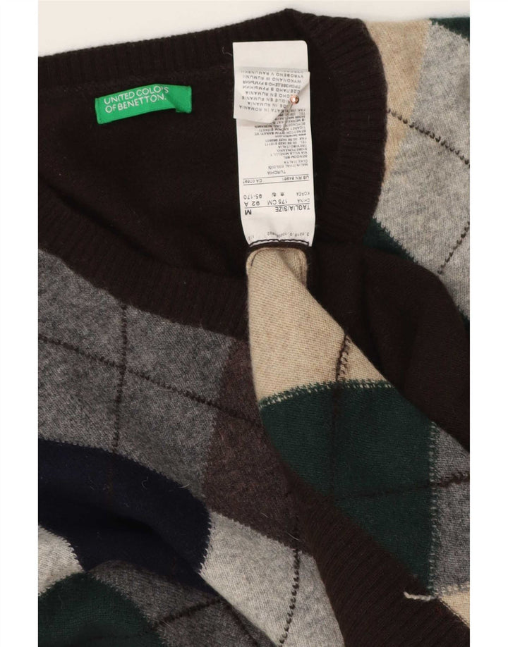 Męski sweter z dekoltem w kształcie litery V, Benetton, średnio brązowy, argyle/diamentowa wełna