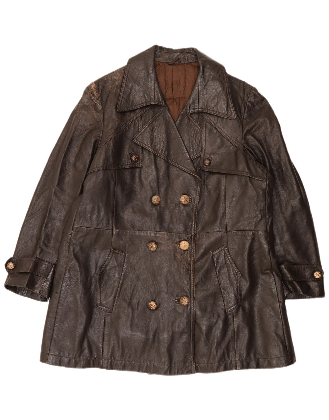 Vintage Womens Double Breasted Leather Coat UK 16 Large Brown