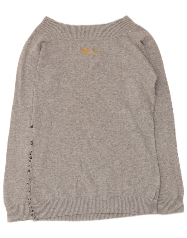 Desigual Damen-Pullover mit grafischem U-Boot-Ausschnitt, UK-Gr. 14, große graue Baumwolle