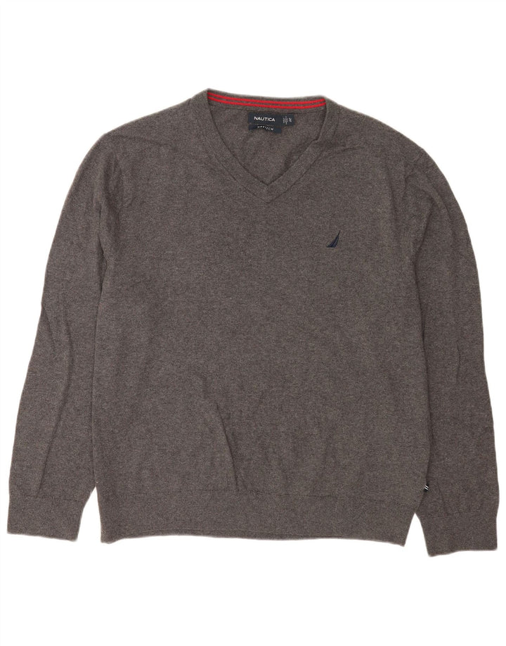 Nautica Mens Navtech V-Neck Jumper Sweater XL Grey Cotton
