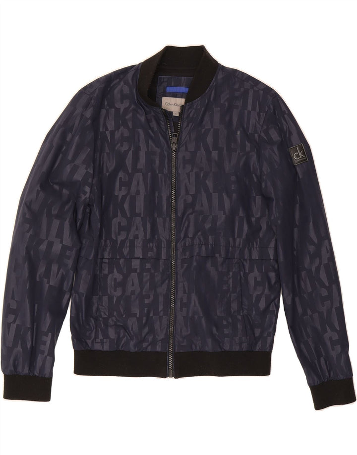 CALVIN KLEIN JEANS Mens Graphic Bomber Jacket UK 38 Medium Navy Blue Vintage Calvin Klein Jeans and Second-Hand Calvin Klein Jeans from Messina Hembry 