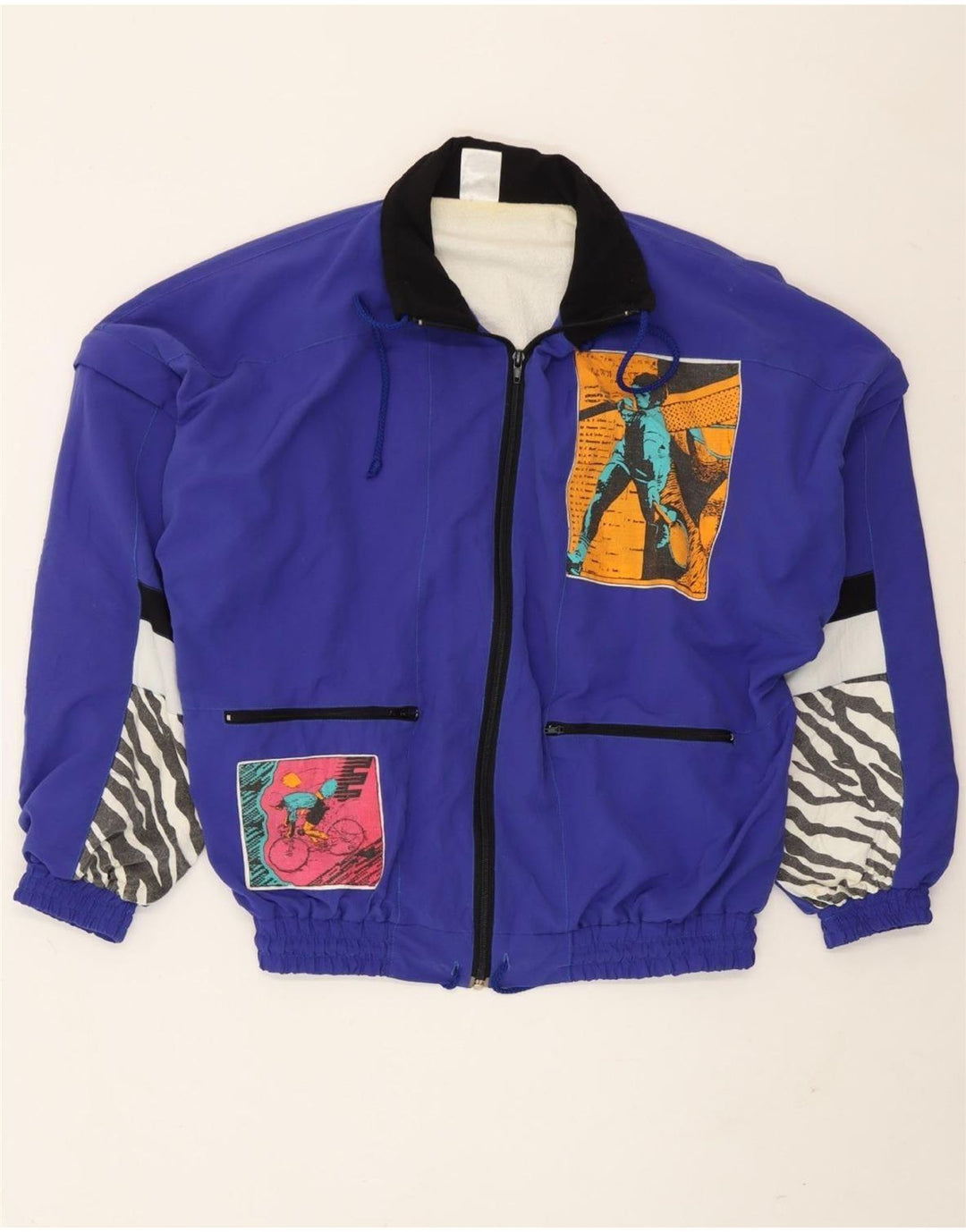 Vintage Mens Graphic Tracksuit Top Jacket Medium Blue Patchwork Polyamide