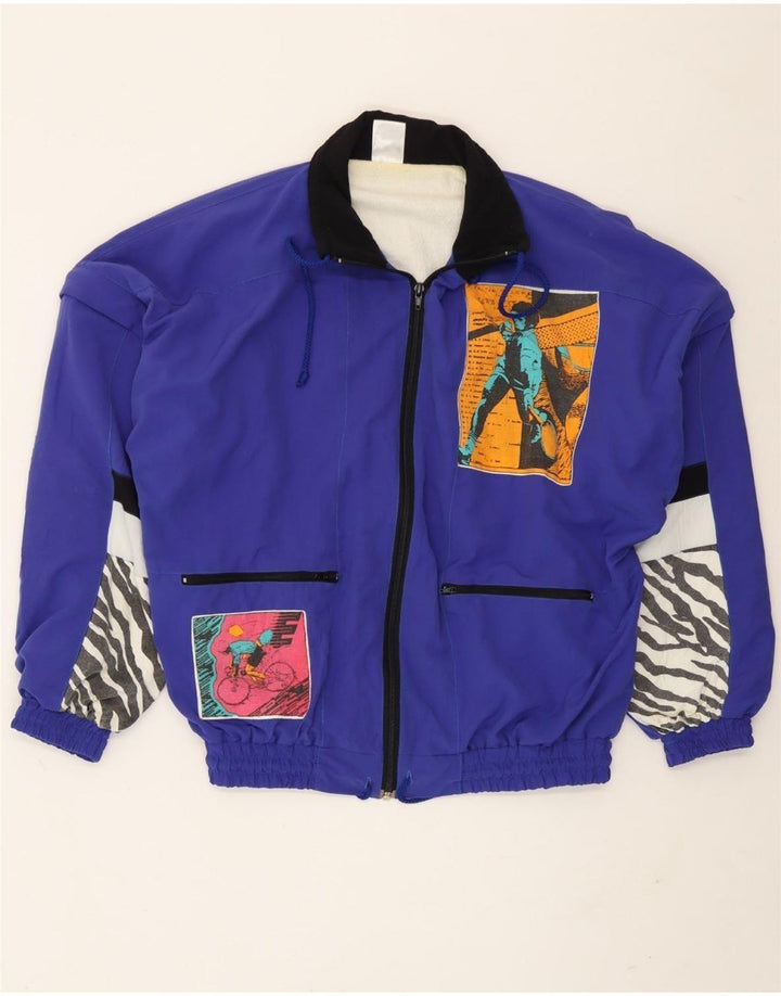 Vintage Mens Graphic Tracksuit Top Jacket Medium Blue Patchwork Polyamide