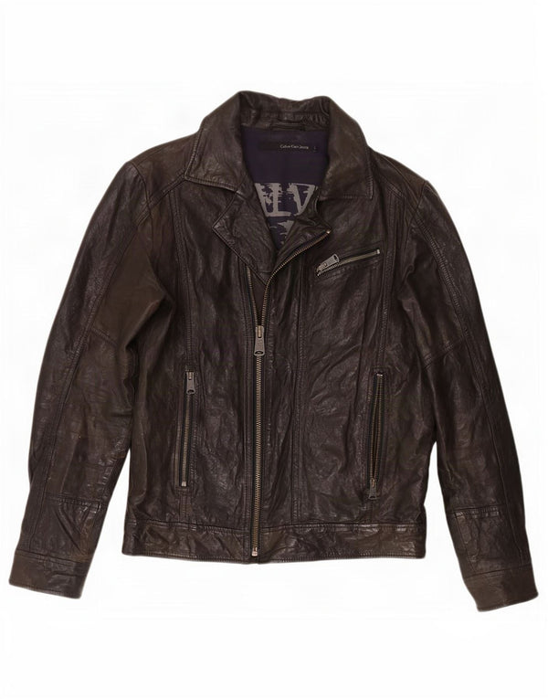 Giacca da motociclista in pelle da uomo Calvin Klein Jeans UK 40 grande nera