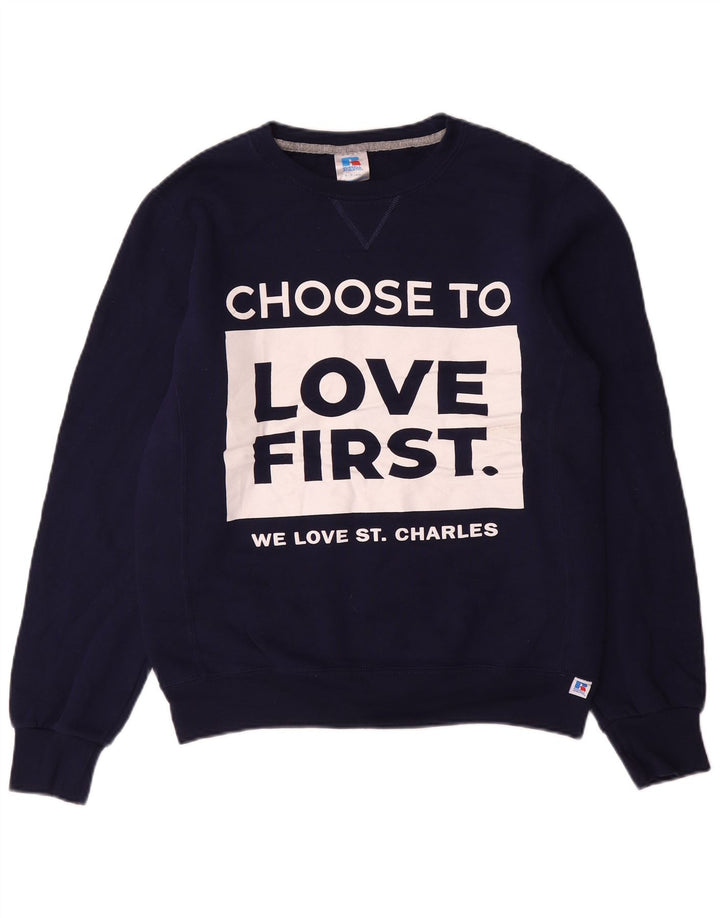 RUSSELL ATHLETIC Mens Graphic Sweatshirt Jumper Small Navy Blue Cotton