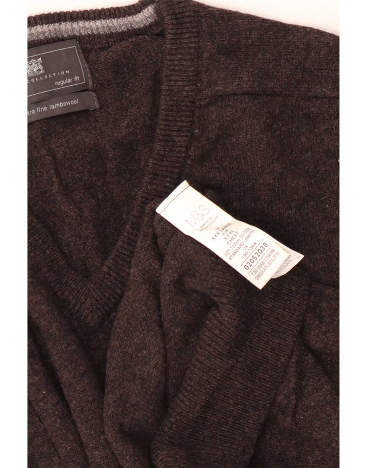Marks & Spencer Mens Regular Fit V-Neck Jumper Sweater 3XL Brown Wool