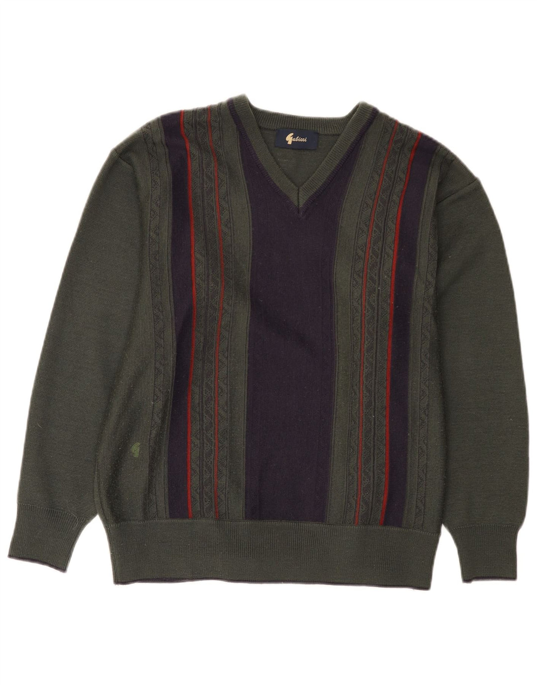 Gabicci Mens V-Neck Jumper Sweater Medium Khaki Colourblock Wool