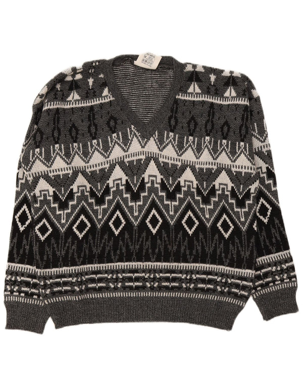 Vintage Herre V-hals trøje Sweater Large Grey Fair Isle Akryl