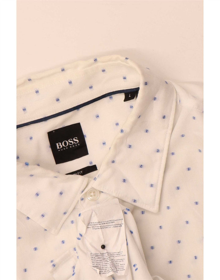 Hugo Boss Mens Slim Fit Shirt Large White Spotted Cotton