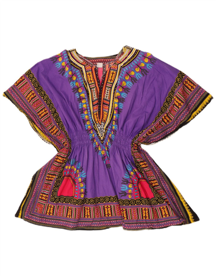 Vintage Womens Beach Blouse Top One Size Purple Geometric Cotton