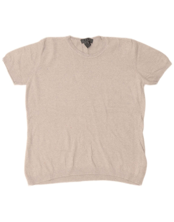 Zara Womens Short Sleeve Crew Neck Jumper Sweater UK 16 Large Grey Rayon