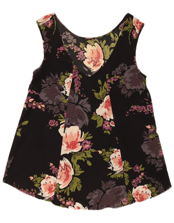 Camicetta senza maniche corta da donna vintage UK 10 piccolo floreale nero