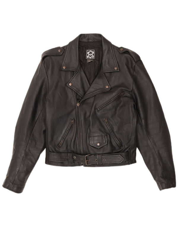 Vintage Herre Military Læder Biker Jacket IT 50 Medium Sort