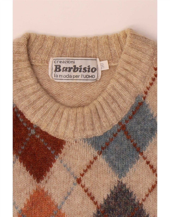 Barbisio Mens Crew Neck Jumper Sweater IT 50 Medium Beige Argyle/Diamond