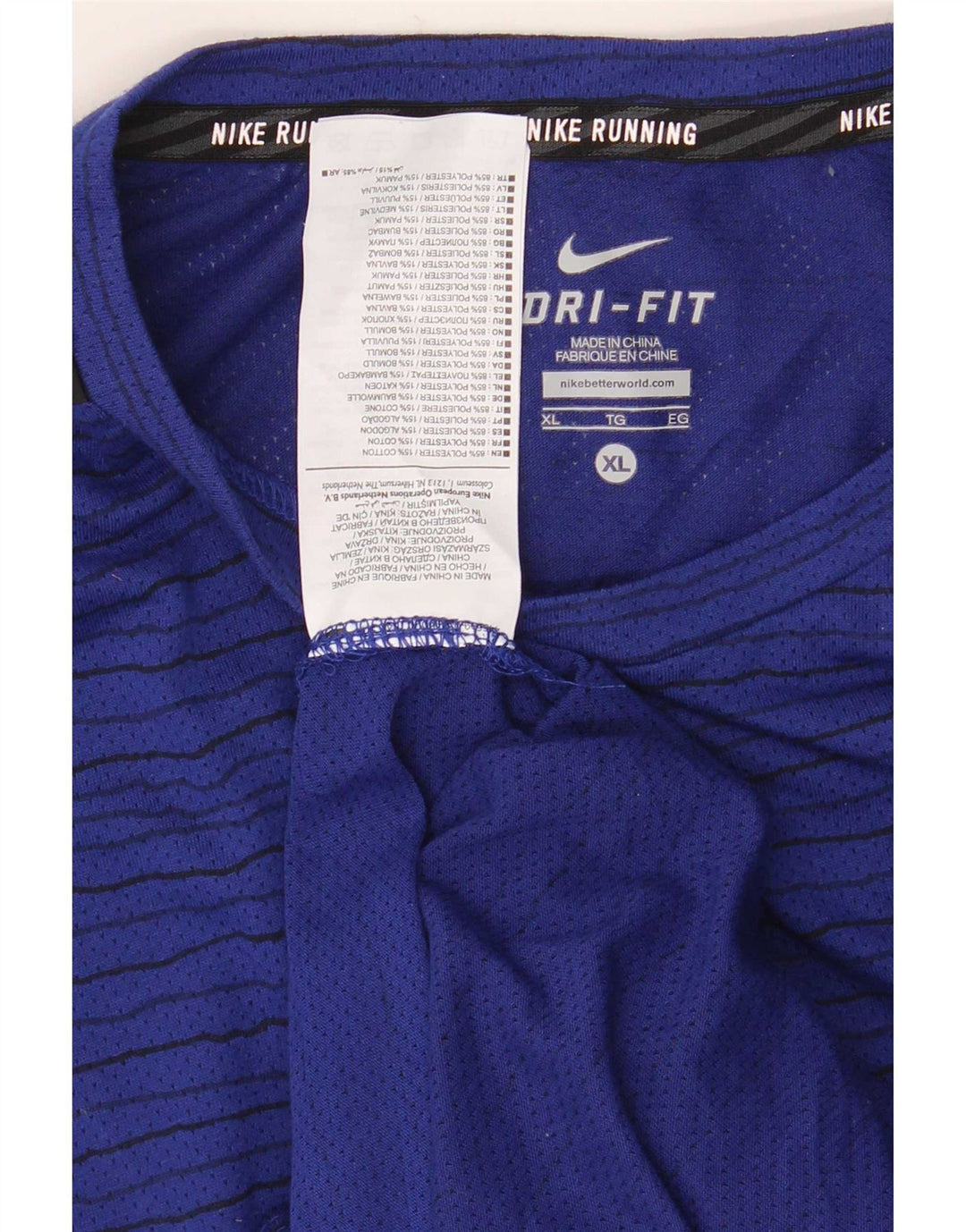 Nike herre Dri Fit T-shirt top XL marineblå stribet polyester