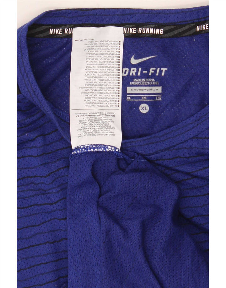 Nike herre Dri Fit T-shirt top XL marineblå stribet polyester