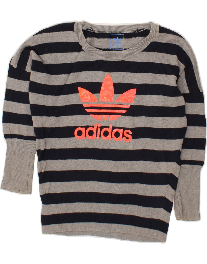 ADIDAS Girls Graphic Boat Neck Jumper Sweater 7-8 Years Grey Striped Vintage Adidas and Second-Hand Adidas from Messina Hembry 