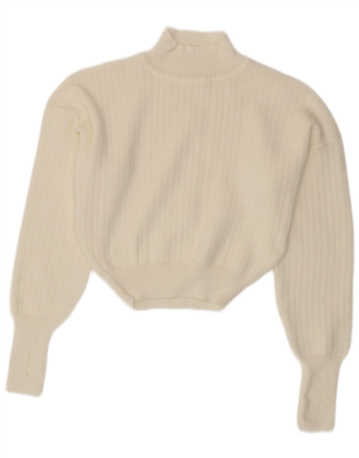 Vintage Womens Crop Turtle Neck Jumper Sweater UK 14 Medium White