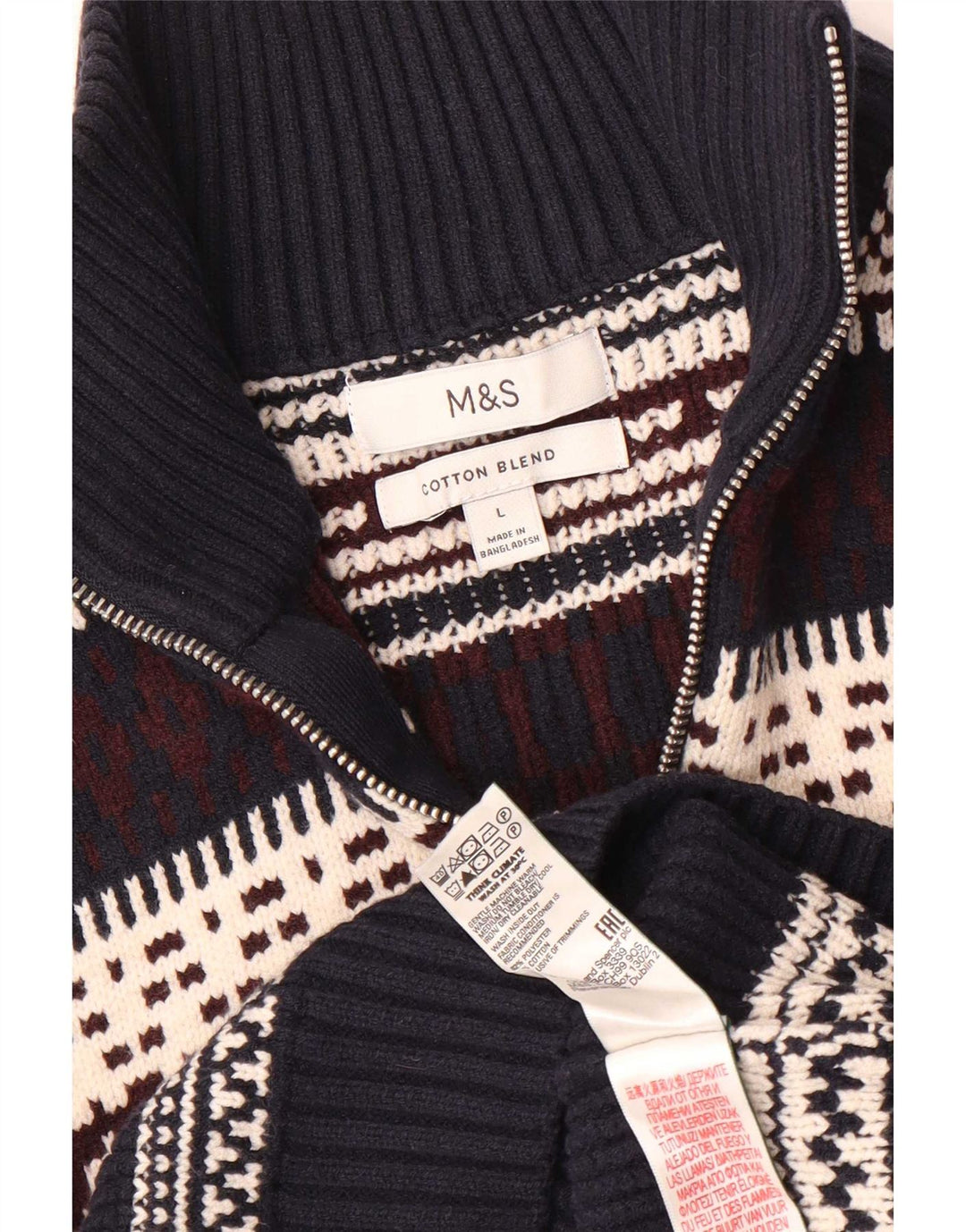 Maglione da uomo Marks & Spencer con zip sul collo, grande, blu navy, Fair Isle