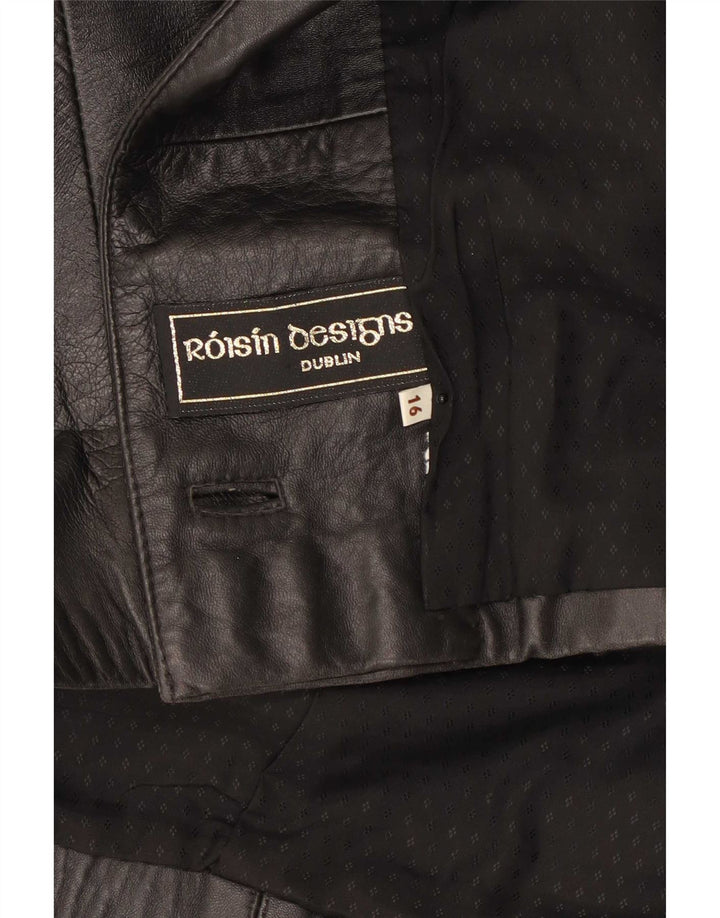 Vintage Womens 3/4 Sleeve Oversized Leather Jacket UK 16 Large Black