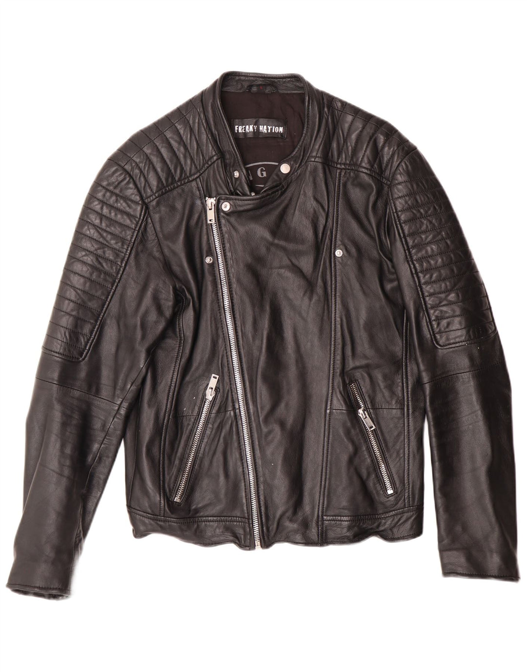 Freaky Nation Herren-Leder-Bikerjacke, UK 38, mittelschwarzes Leder