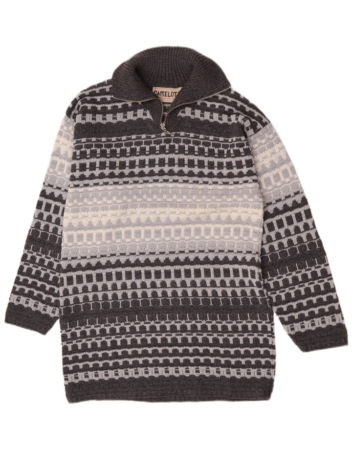 Camelot Mens Zip Neck Jumper Sweater Small Grey Geometric Classic