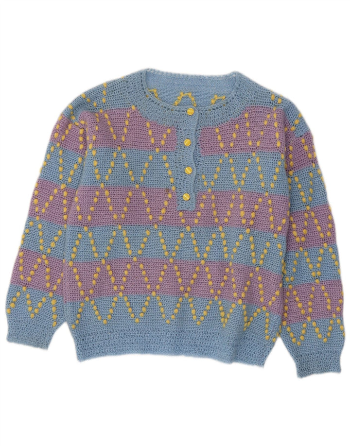 VINTAGE Womens Button Neck Jumper Sweater UK 12 Medium Blue Striped