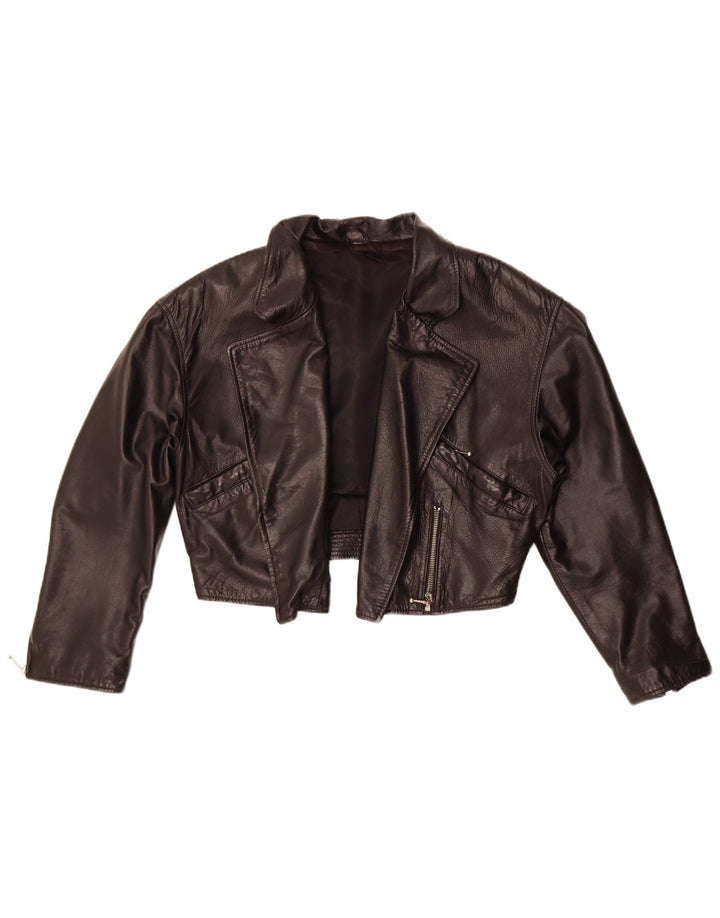 Giacca Bolero in pelle vintage da donna UK 12 media nera