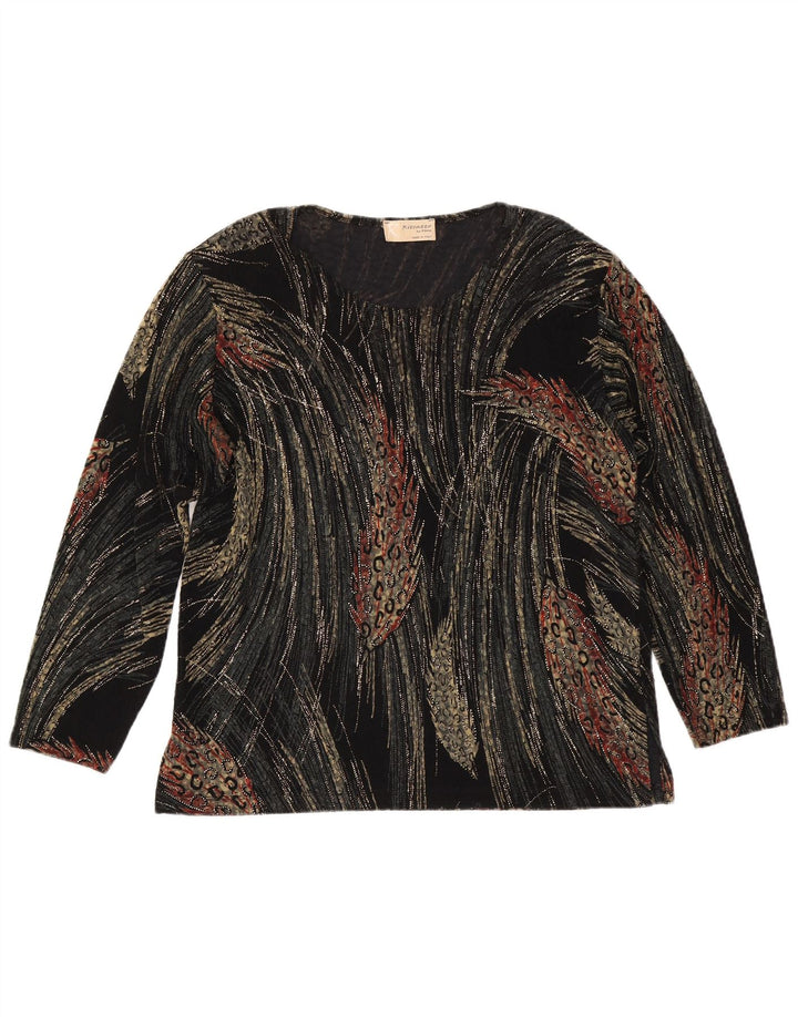 Top manica lunga da donna vintage con motivo astratto UK 16 grande viscosa nera