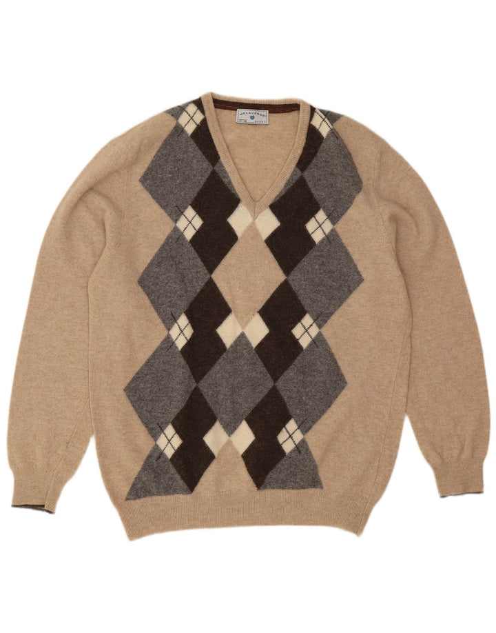 Melaverde Mens V-Neck Jumper Sweater 2XL Beige Argyle/Diamond Wool