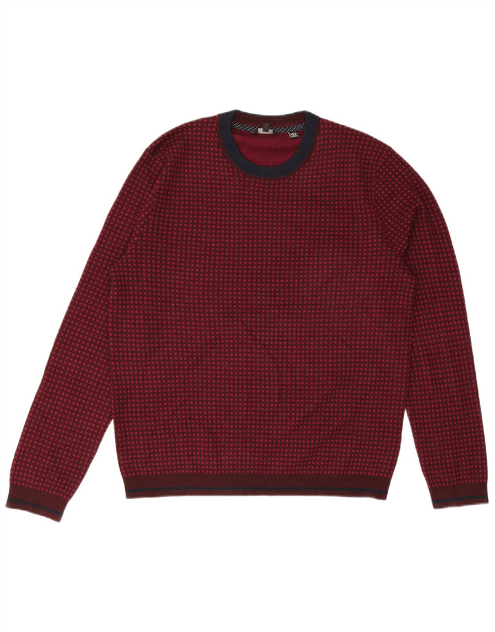 Ted Baker Mens Crew Neck Jumper Sweater Size 5 XL Burgundy Check Wool