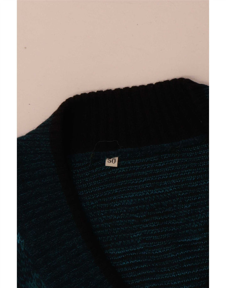 Vintage Mens V-Neck Jumper Sweater IT 50 Medium Blue Fair Isle