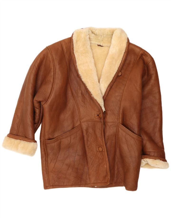 Vintage Womens Oversized Shearling Jacket US 8 Medium Brown Leather