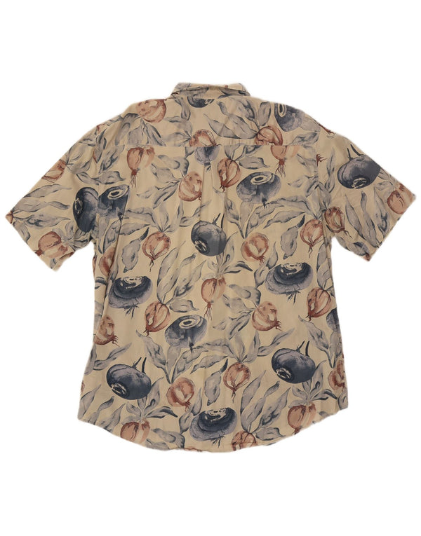 Vintage masculino abstrato Padrão manga curta Camisa algodão bege grande