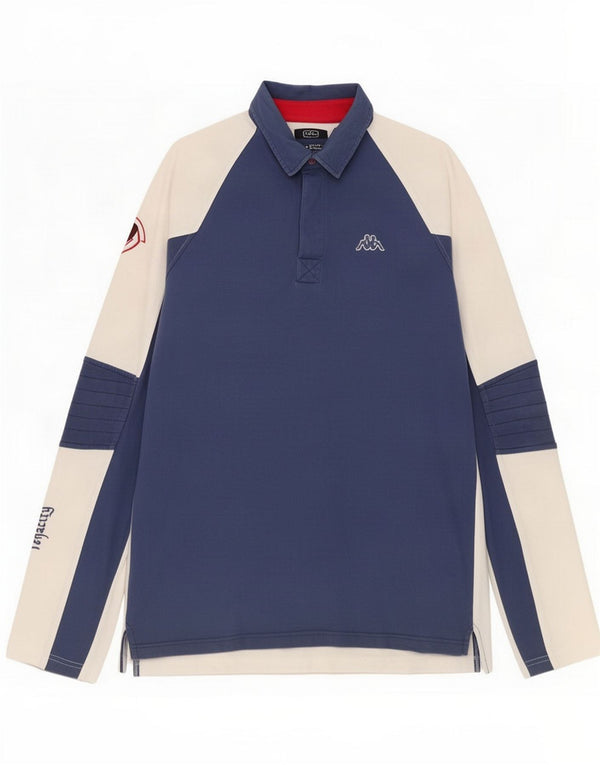 Polo da uomo con grafica a maniche lunghe Kappa XL in cotone color block blu navy