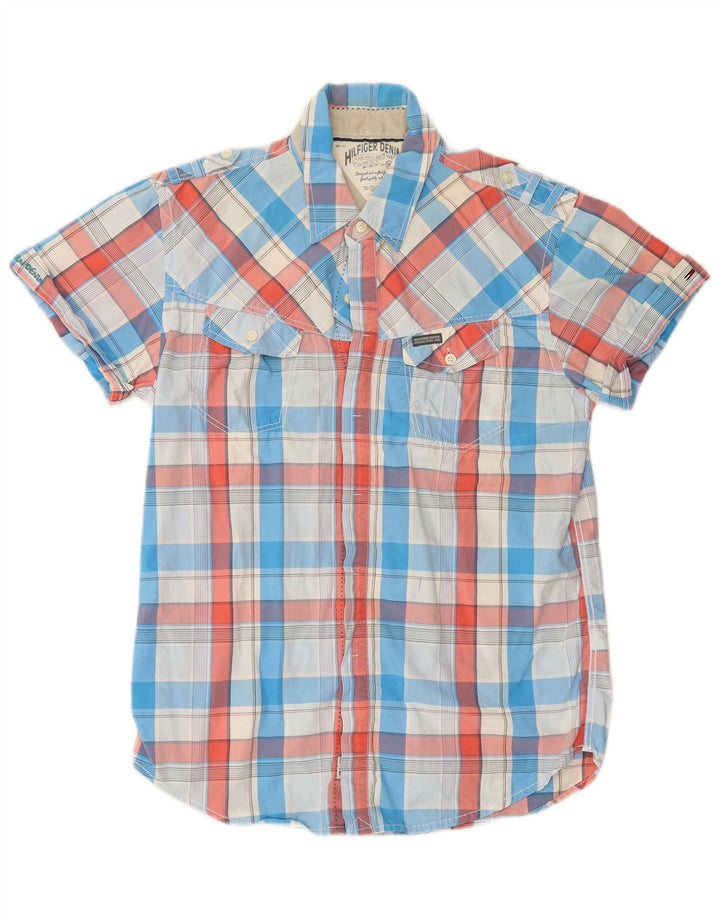 TOMMY HILFIGER Mens Short Sleeve Military Shirt Medium Blue Check Cotton