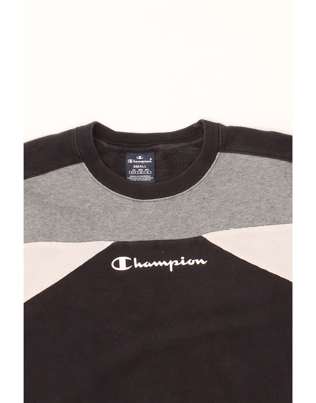 CHAMPION Mens Graphic Sweatshirt Jumper Small Black Colourblock Cotton Vintage Champion and Second-Hand Champion from Messina Hembry 
