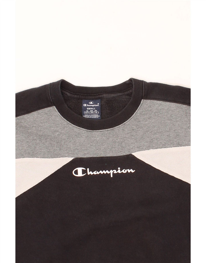 CHAMPION Mens Graphic Sweatshirt Jumper Small Black Colourblock Cotton Vintage Champion and Second-Hand Champion from Messina Hembry 