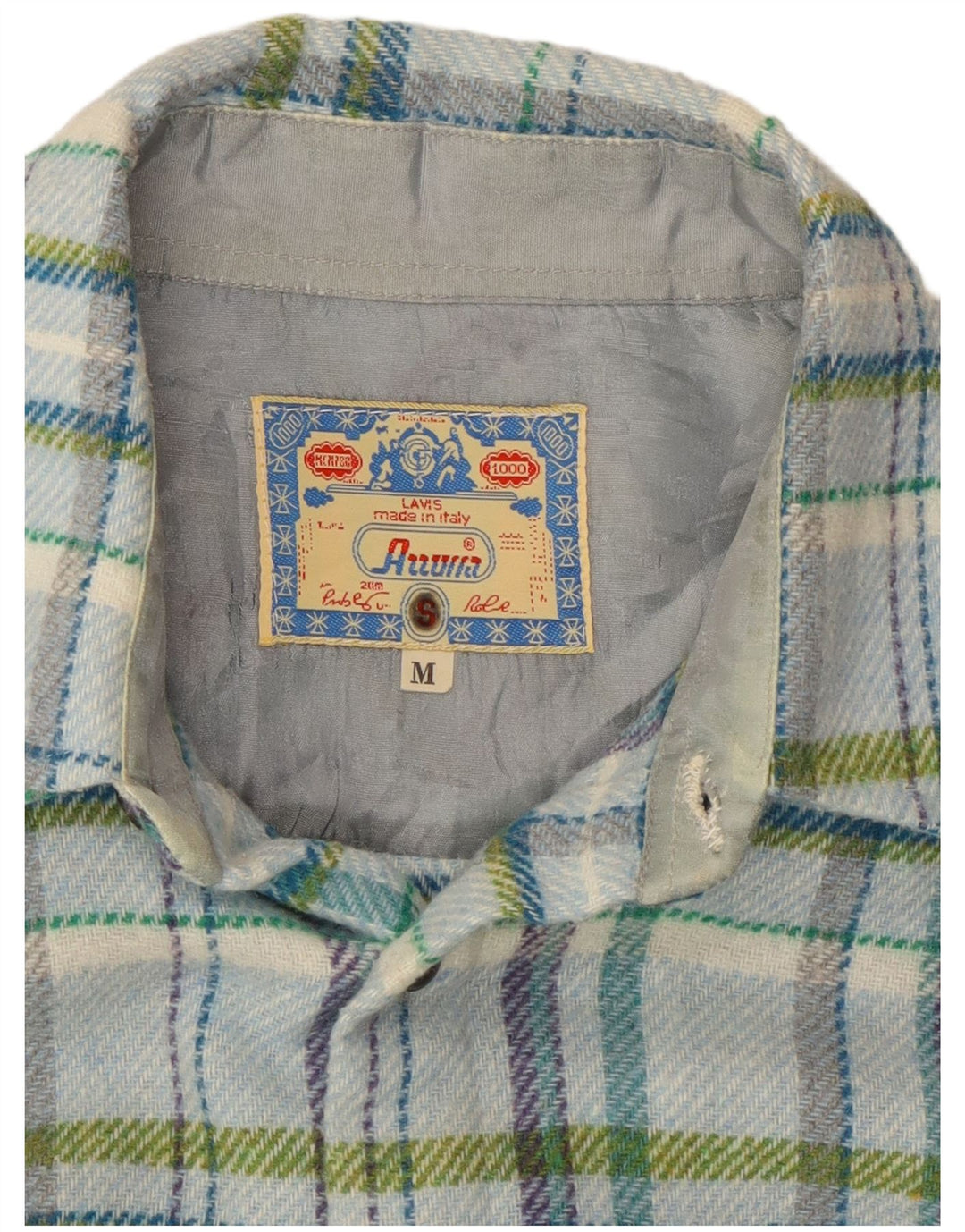 Vintage hombres leñador franela camisa azul medio cheque