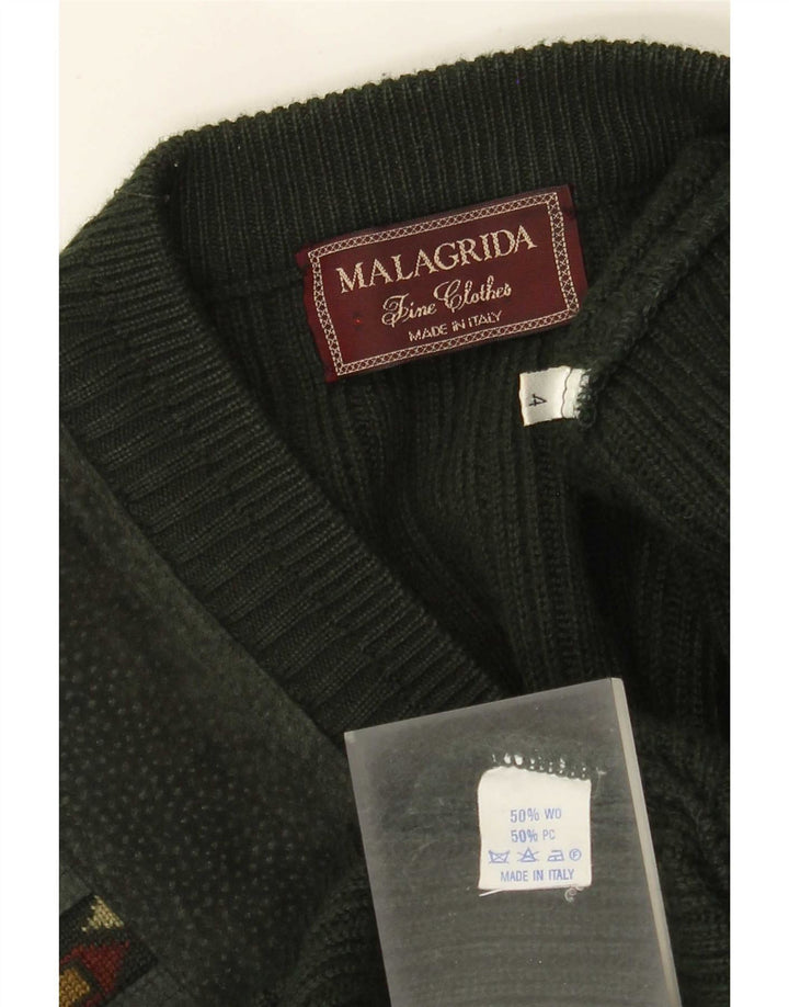 MALAGRIDA Mens V-Neck Jumper Sweater Large Green Geometric Polyacrylic
