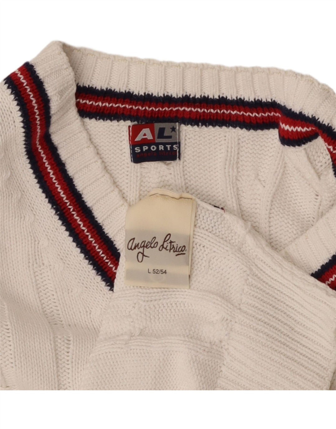 ANGELO LITRICO Mens V-Neck Jumper Sweater IT 52/54 Large White Cotton Vintage Angelo Litrico and Second-Hand Angelo Litrico from Messina Hembry 