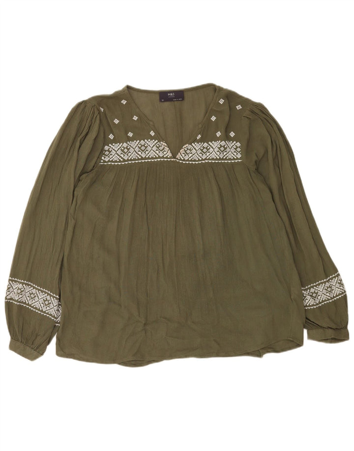 Marks & Spencer Womens Long Sleeve Blouse Top UK 12 Medium Khaki Geometric